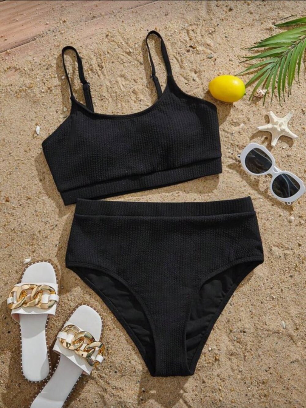 Black Textured High Waisted Bikini Set Plus Size 0XL Top 1XL Bottom NEW